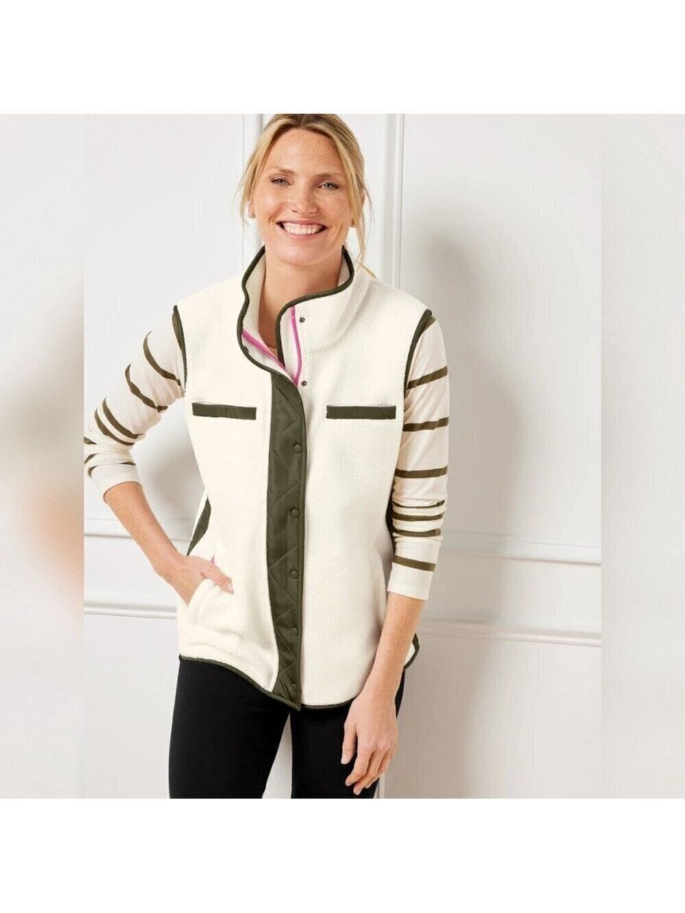 T by Talbots Cozy Sherpa Vest Ivory with Brown & Pink Trim Women's Size S